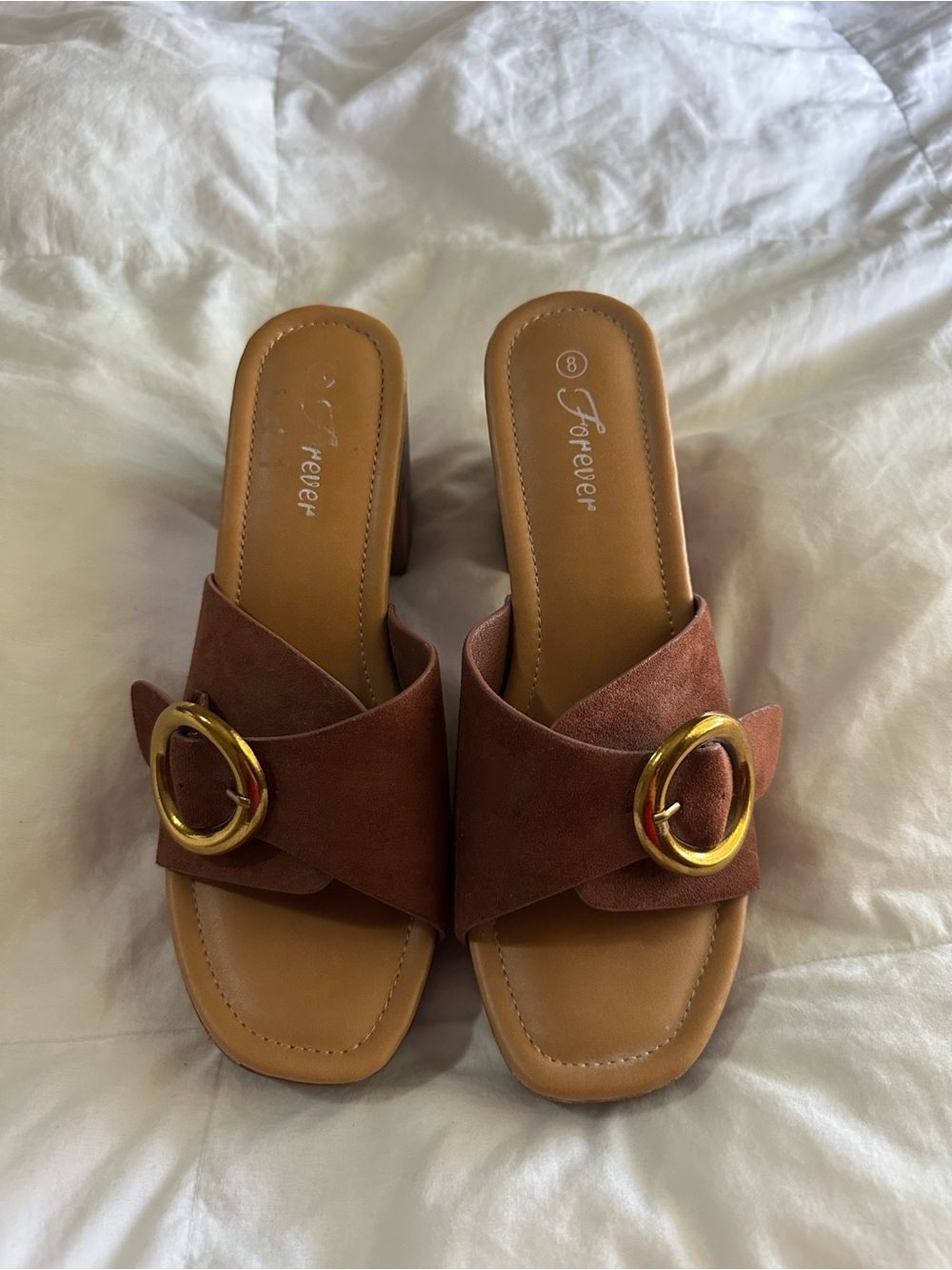 Y2K Vintage Style Brown Suede Slide Mules with Gold Ring Accent